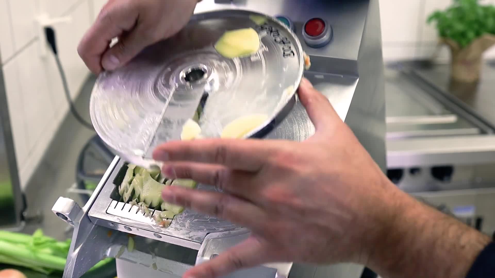 video thumbnail of METRO Professional Cortador de legumes GVC1002, alumínio/ aço inoxidável, 25.76 x 64.26 x 55.34 cm, 550 W, 230 V, 290 rpm, 5 lâminas, prateado