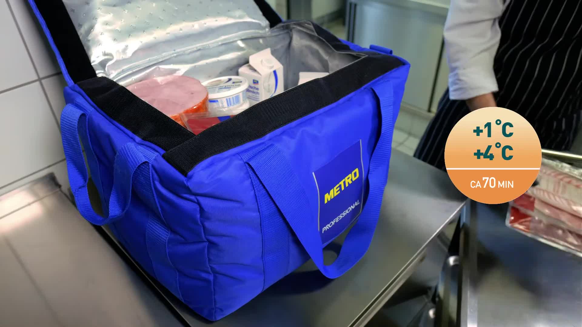 video thumbnail of METRO Professional Isolier-Kühltasche, Polyester, 52 x 35 x 35 cm, 65 L, mit Klettverschluss, blau