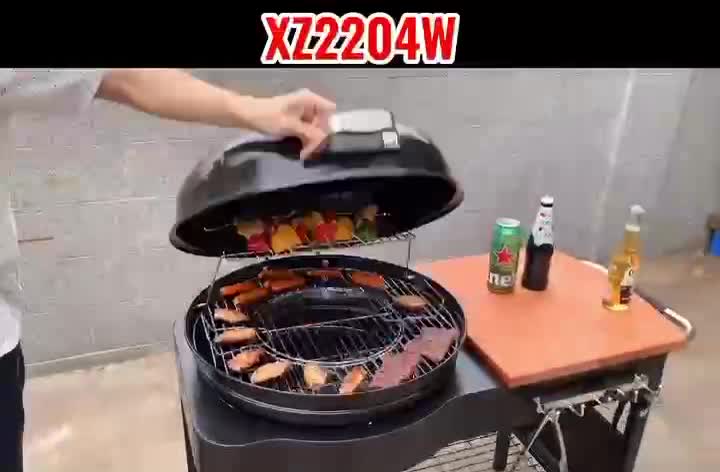 video thumbnail of Tarrington House Barbecue a carbonella Calgary, superficie cottura Ø 54 cm, ripiano laterale e inferiore, con ruote, acciaio/legno di eucalipto, nero