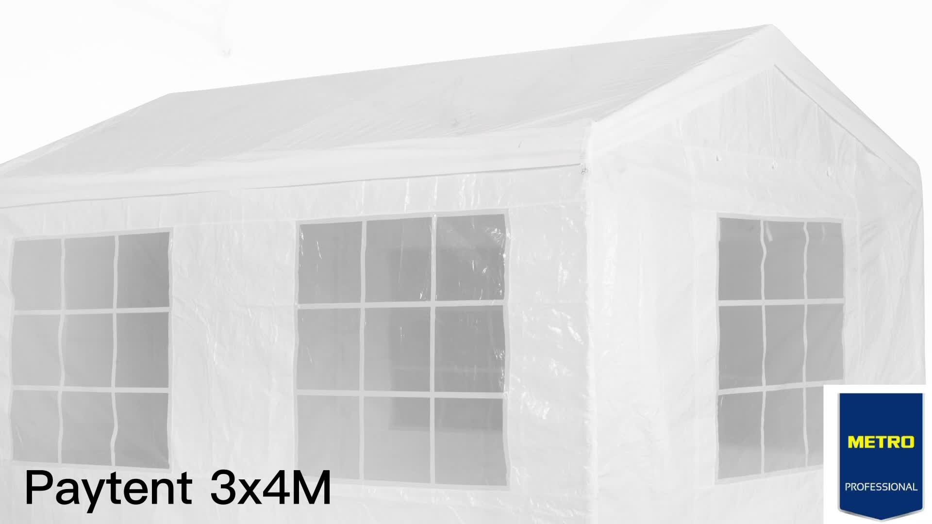 video thumbnail of METRO PROFESSIONAL Tenda para eventos Blenheim com parede lateral, aço/ poliéster, 3 x 4 m, repelente de água, branco