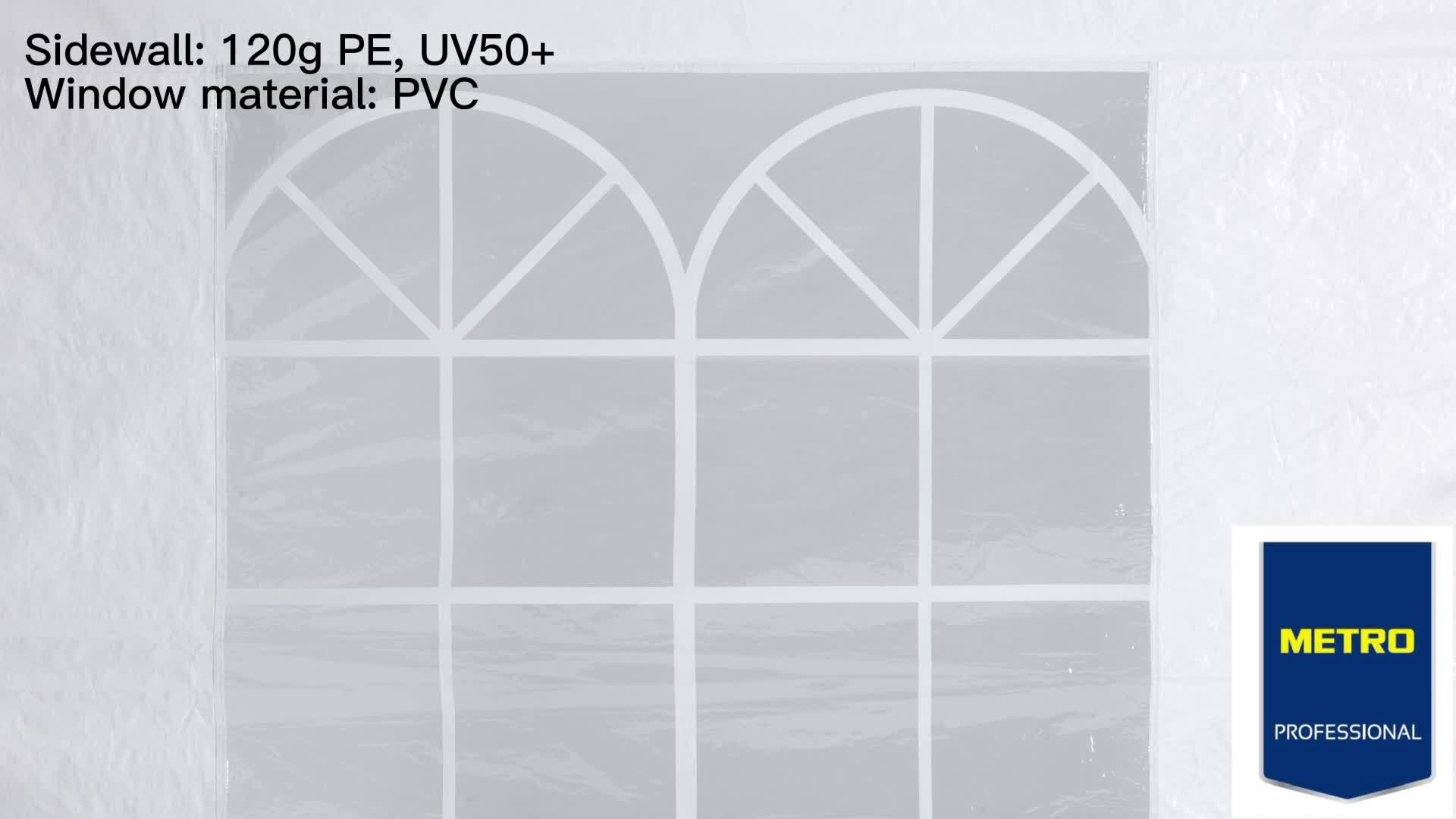 video thumbnail of METRO PROFESSIONAL Tenda para eventos Blenheim com parede lateral, aço/ poliéster, 4 x 8 m, repelente de água, branco